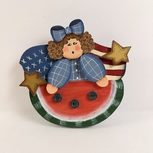 Vintage 1994 Patriotic Angel Watermelon Folk Art Americana Shelf Sitter Decor